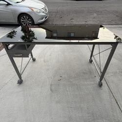 Black Glass Top Desk on Wheels with Drawer