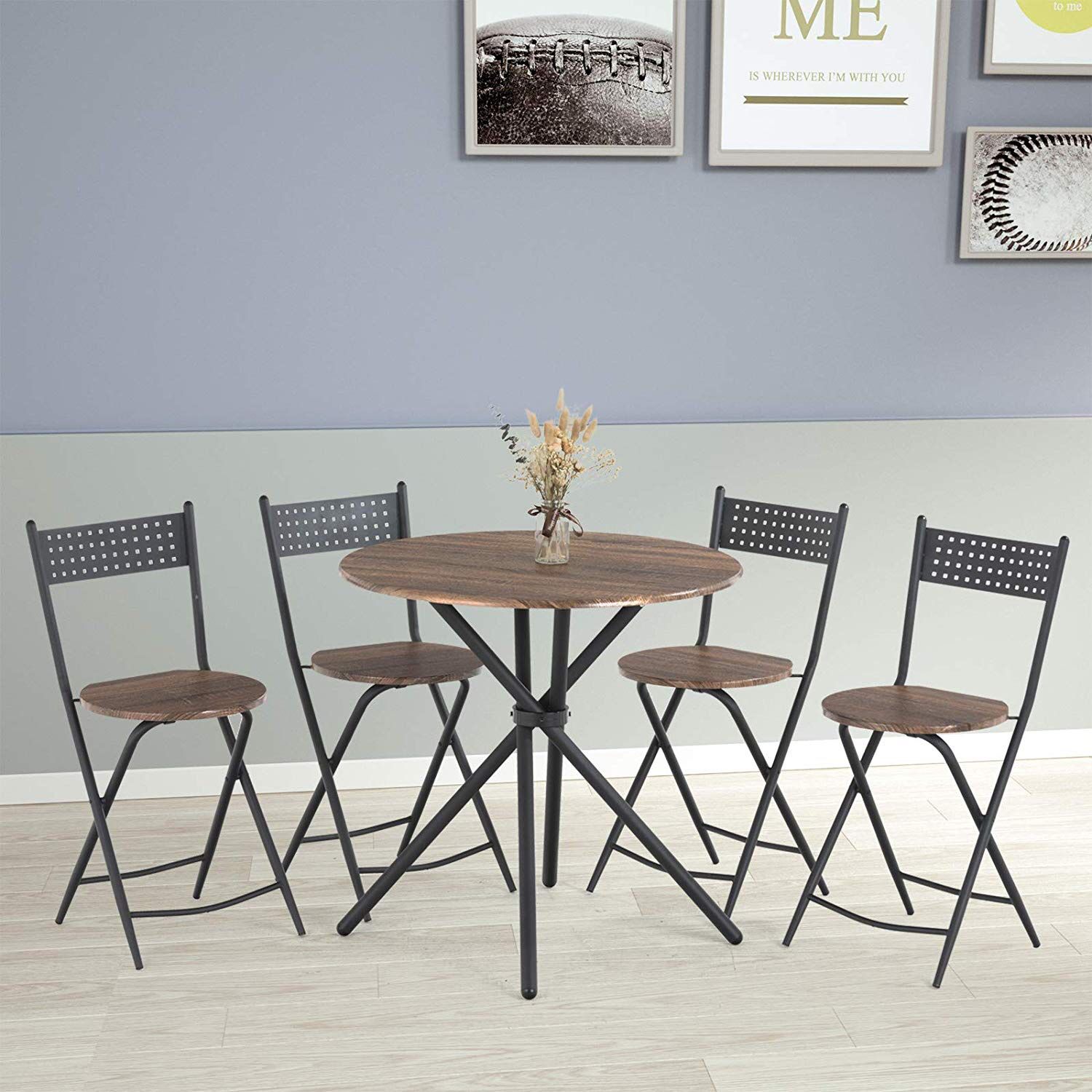 mecor 5 Pcs Dining Table Set 4 Folding Chairs, Mid-Century Vintage Round Coffee Table and Foldable Chairs with Wood Top and Metal Frame for Kitchen P