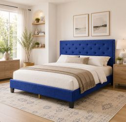 King Size Blue Velvet Tufted Upholstered Platform Bed Frame