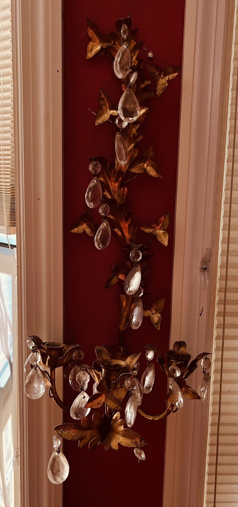 Pair of vintage Italian gilt tole candle sconce with crystal drops