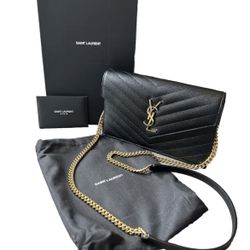 Saint Laurent YSL Grain De Poudere Envelope Wallet On A Chain Black And Gold WOC