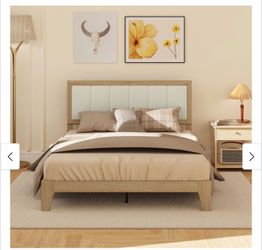 NEW HOMCOM Full Size Bed Frame with Upholstered Headboard – Oak