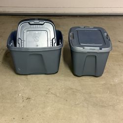 Three (3) 18 Gallon Blue Storage Bins Totes Perfect For Garage