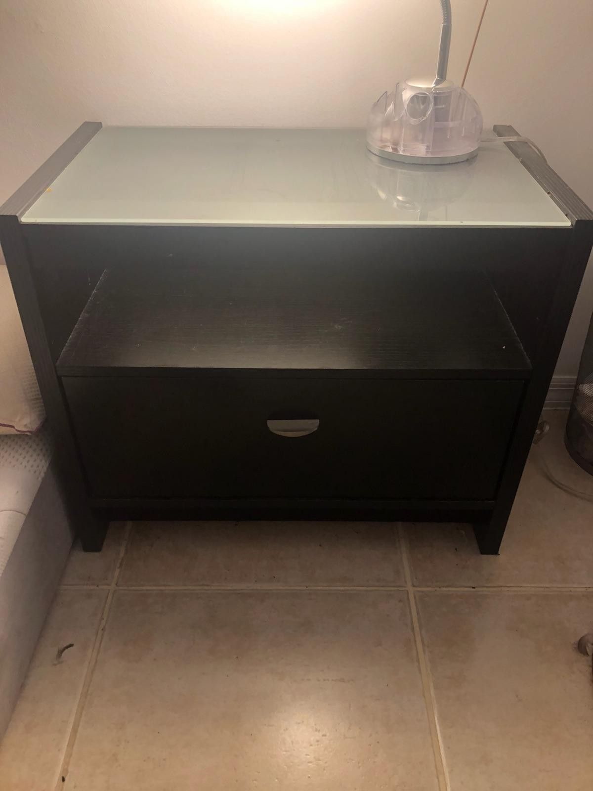 Glass top 2 drawer night stand, 2 bookshelves and TV stand