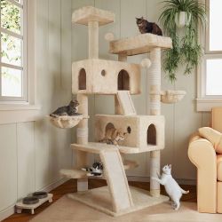 66 Inches Multi-Level Large Cat Tree Tower for Indoor Big Feline/Cozy Plush Perches/Condo/Sisal Scratching Posts/Hammock and Baskets/Activity Center P
