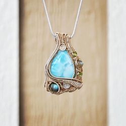 Handmade 14k Gold Necklace With Larimar + Other Gemstones 