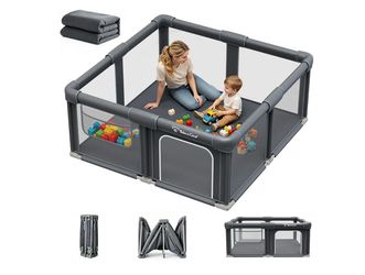 Like New Foldable Baby Playpen 50” x 50” with Mat – Grey