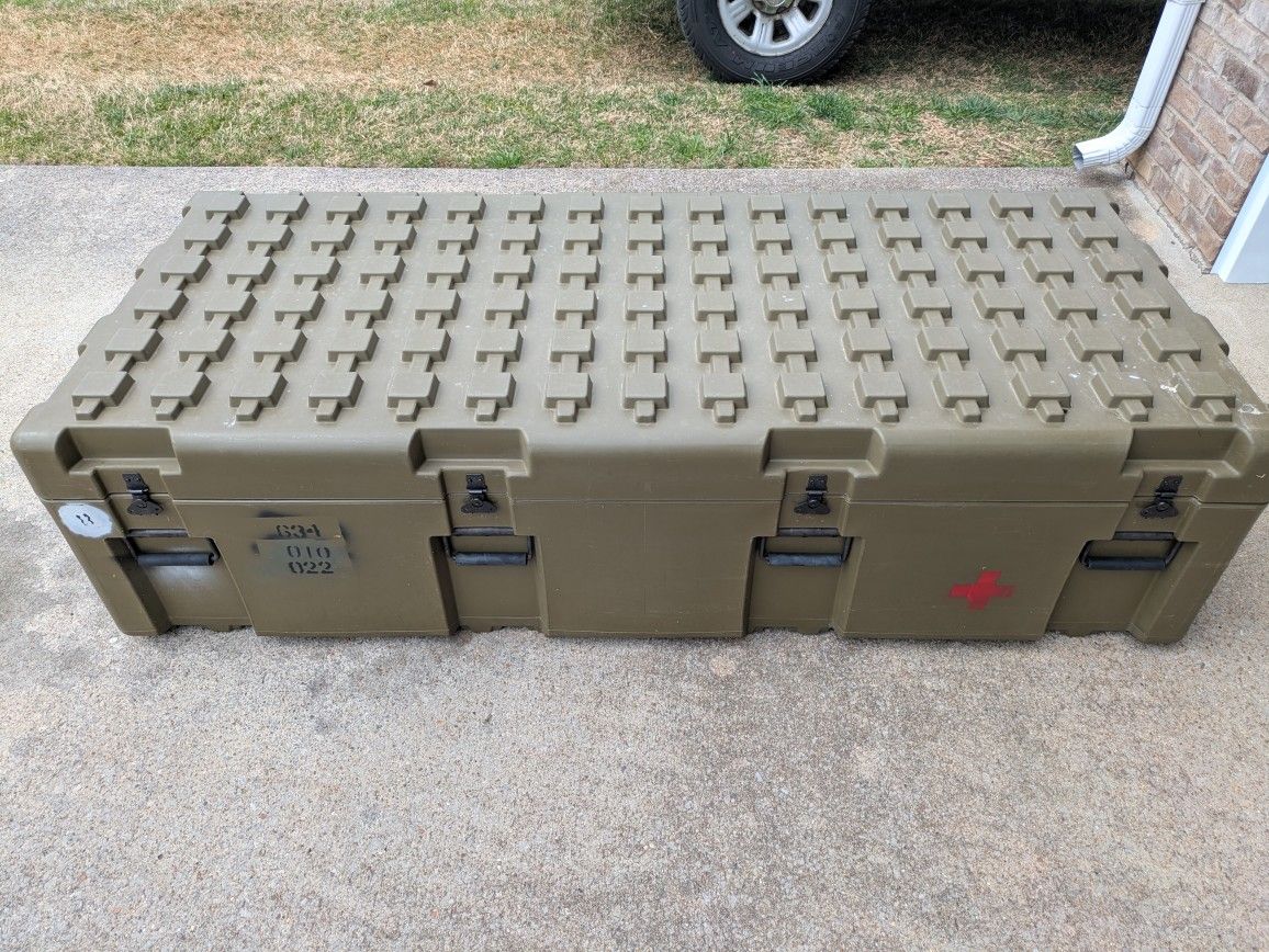 Military Composite Field Storage Container with Wheels On One Side And Accessories For Work Table Conversion.