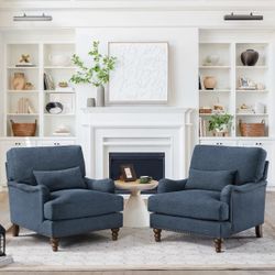 Blue Fabric Upholstered Club Chair with Nailhead Trim Wooden Leg Accent Chair Set Of 2