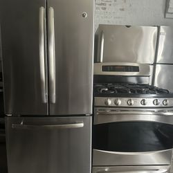 GE french door refrigerator &. GE double oven gas range set stainless steel 