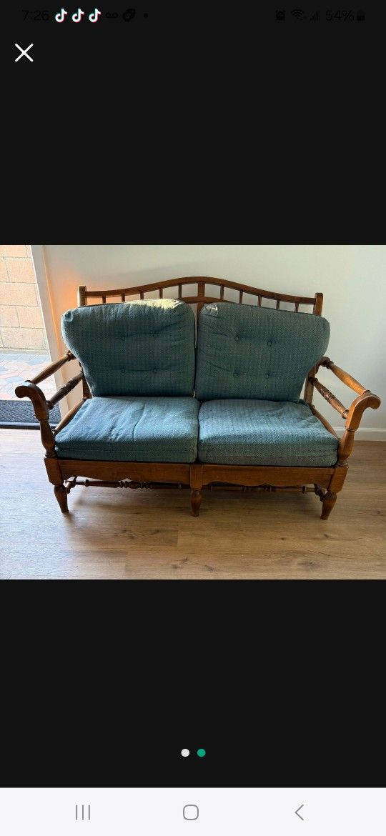 Vintage Wood Bench/ Loveseat With Cushions Ethan Allen