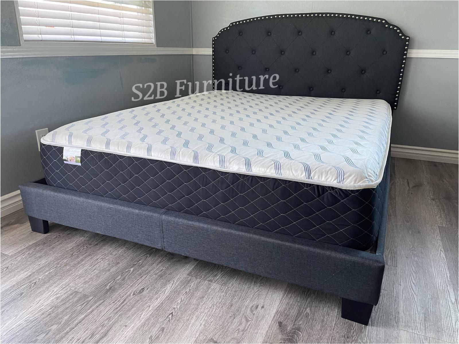 Full Grey Burlap Tufted Bed With Ortho Mattress Included!!