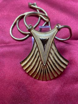 Vintage 1970 Signed Trifari Egyptian Revival Gold Necklace 25" Snake Chain Statement Pendant