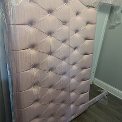 Queen Sized Platform Bed frame Pink Upholstered With Jewels