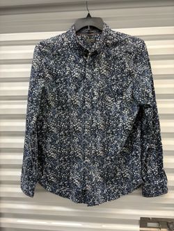Denim & Flower Men's Slim Fit Blue/White Floral Long Sleeve Button-Up Large