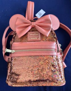 🎀 Disney Parks Loungefly Minnie Mouse Rose Gold Sequin Mini Backpack ✨  Add a little Disney sparkle to your collection! 🏰✨