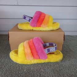 UGG Fluff Yeah Slide  'Yellow Rainbow' SZ. 6