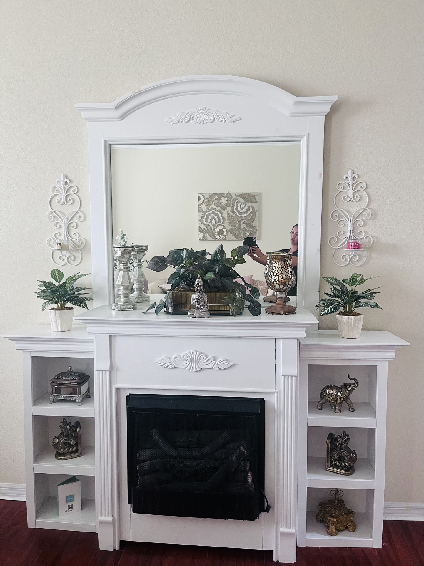 Mirror, Fireplace, And Shelves