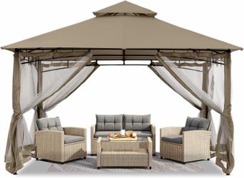 ABCCANOPY Gazebos for Patios 10x10 - Outdoor Steel Frame Gazebo with Mosquito Netting for Lawn Backyard Garden Deck (Khaki)  ★[Sturdy Steel Frame]: ①O