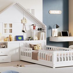 Gorgeous New Solid Wood White Twin Bookcase House Bed Playhouse Bed w/ Drawers USB & Power Ports