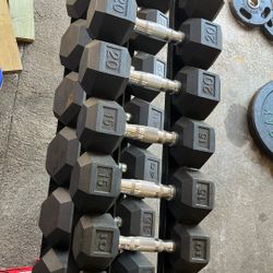 10-100 Pound Rubber Hex Dumbbells.