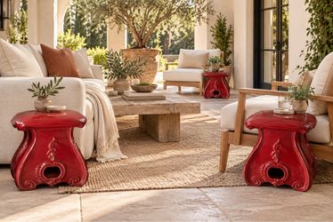 Set of 3 Red Ceramic Garden Stools