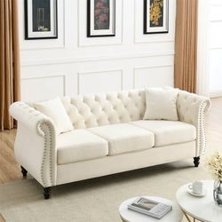 Chesterfield Sofa,3 Seater Sofa with Rolled Arms and Nailhead Trim,Velvet Sofa Upholstered Button Tufted Couch with Two Pillows,Chesterfield Settee Co