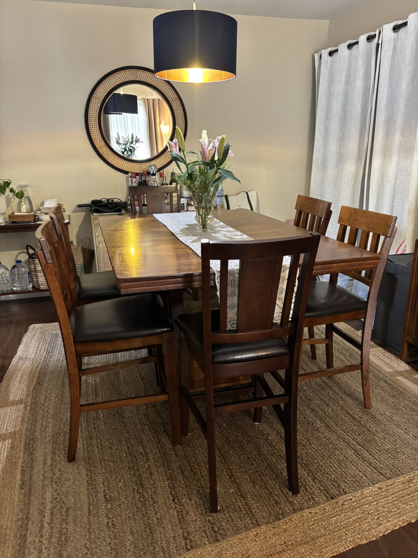 Dining Set Table Wood With Black Leather Seats 6 Chairs 