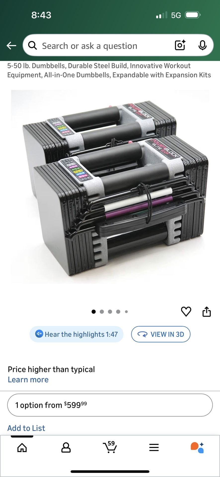 PowerBlock Elite EXP Adjustable Dumbbells, Sold in Pairs, Stage 1, 5-50 lb. Dumbbells, Durable Steel Build, Innovative Workout Equipment, All-in-One D