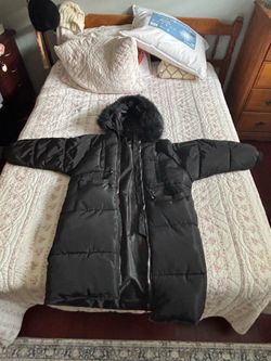 Long Black Puffer Coat with Faux Fur Hood