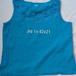 Beautiful Blue Jrs Tanjay 1x 42x21, Tank Top Shirt. Full Of Lace Across The Front. 100% Cotton.
