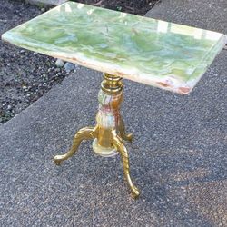 Vintage MCM Green Onyx Accent Table with 3 Leg Brass Pedestal 19"H 