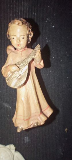 Hand Made Olive Wood Angel Instrument Statue, Made in Bethlehem Holy Land VTG