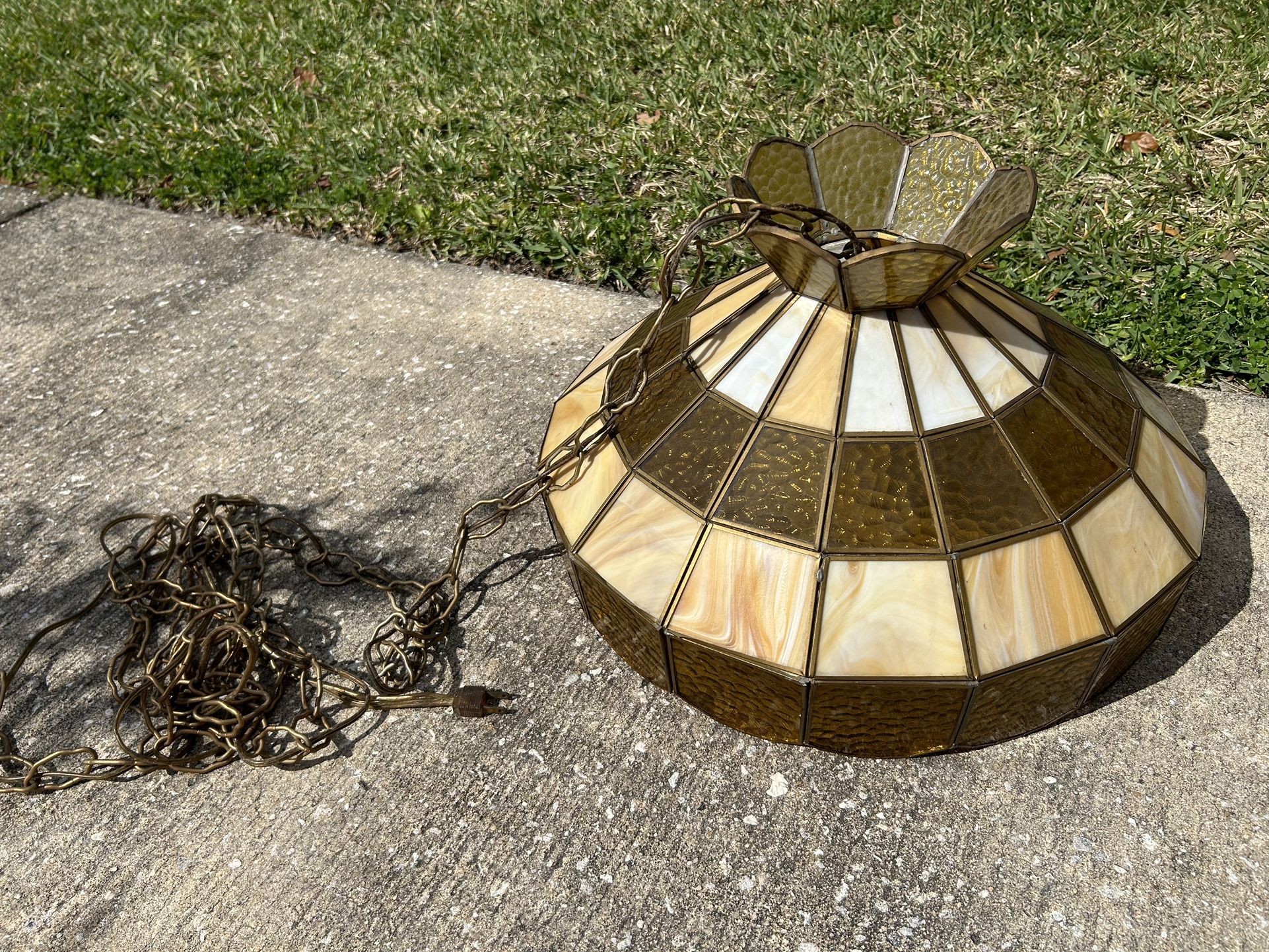 Lrg Vtg Amber Slag Glass Panel & Stained Glass Shade For Hanging Pendant Chandelier