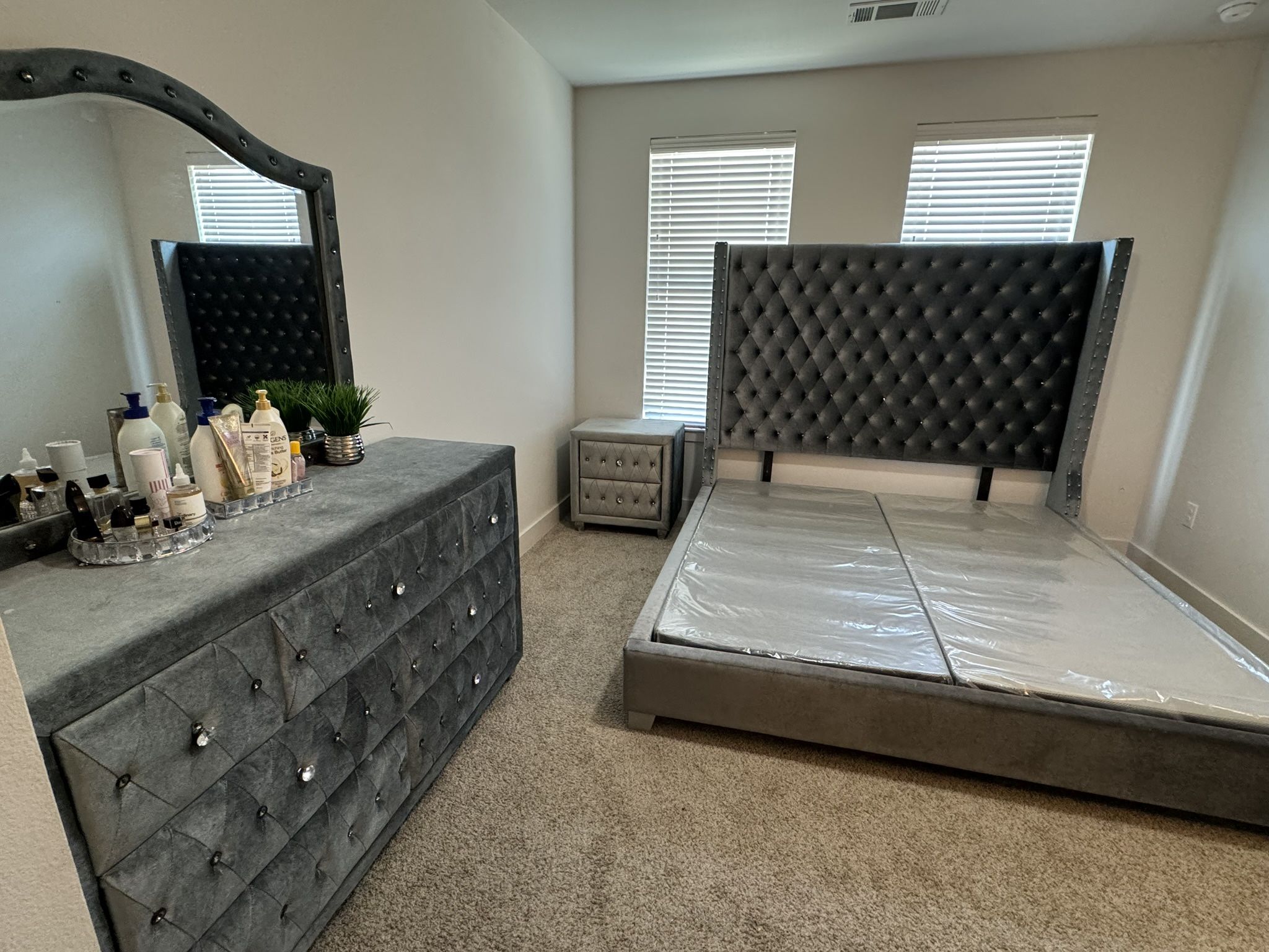 King Bed Set with dresser, Mattress, Box Spring And Side Table