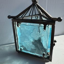 Unique metal and blue glass w/ butterfly decor candle holder 7” x 5” table/hang
