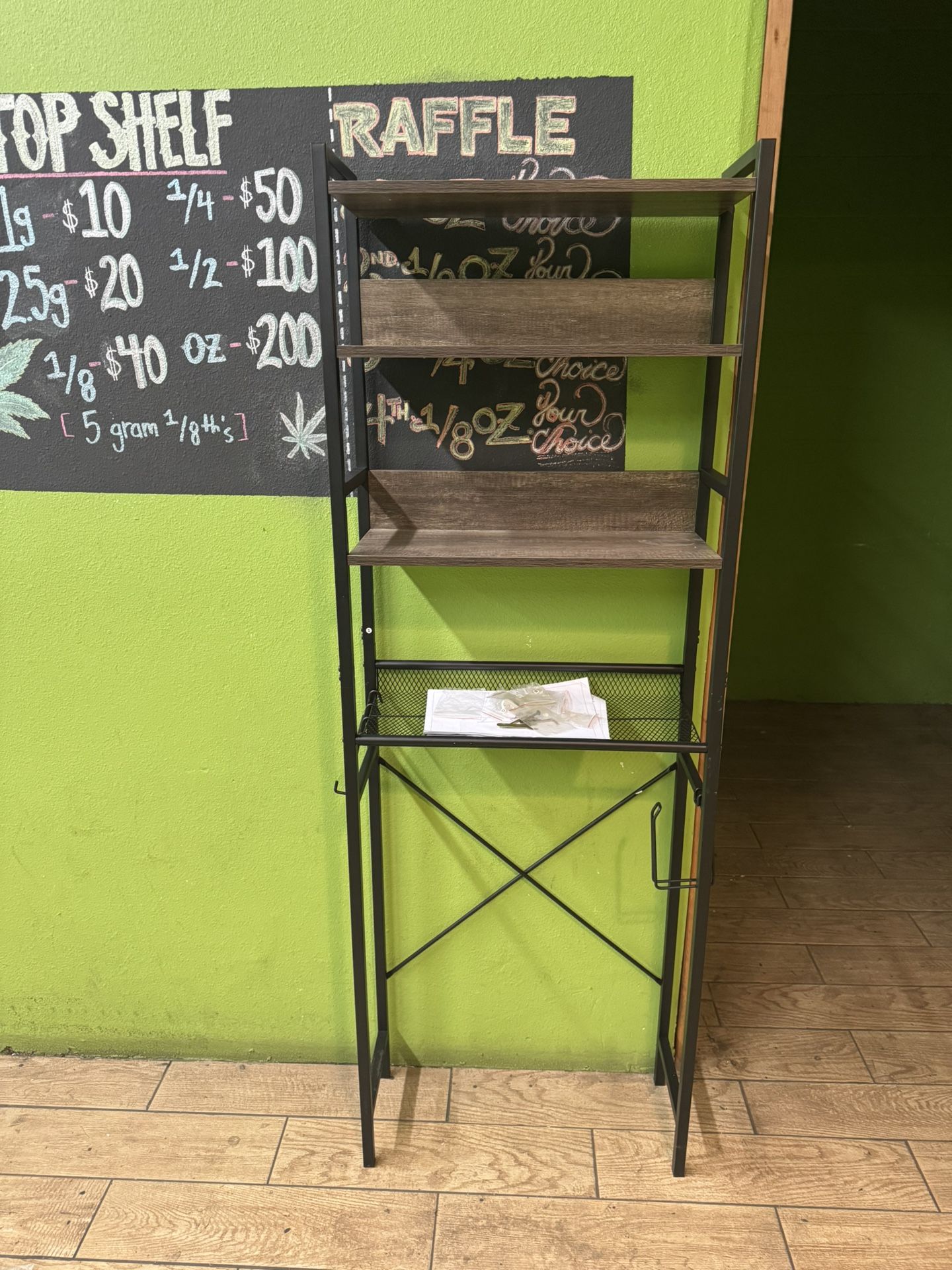 2 metal and wood shelving unit