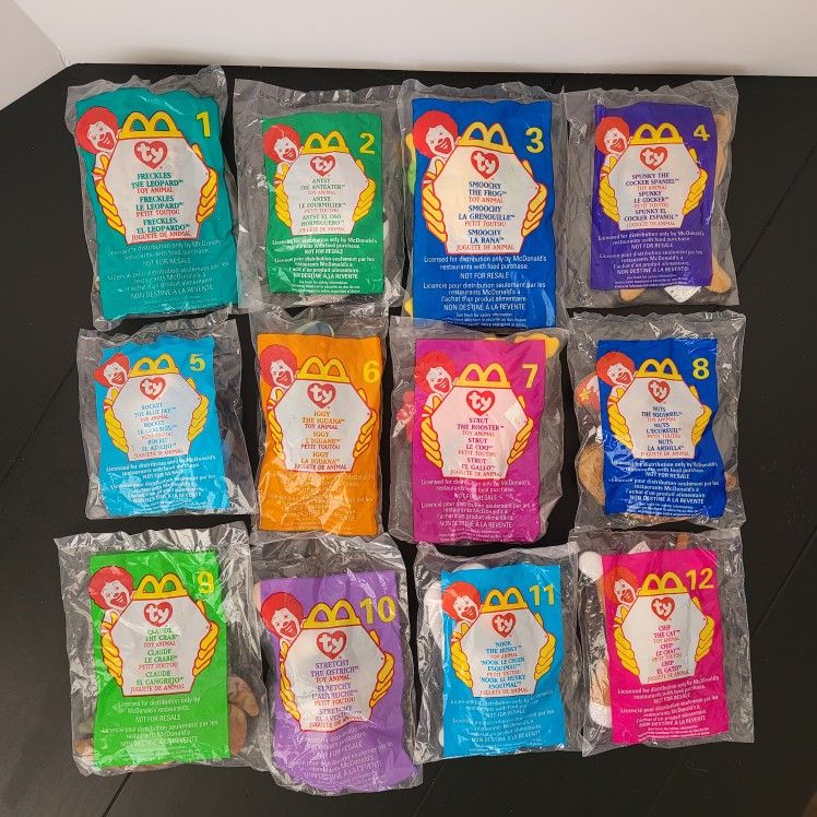 12 McDonalds kids happy meal ty small toy animal beanie babies. Year 1998.