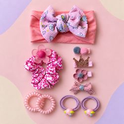 Girls Pink Purple Hair Accessories Set Bow Floral Headband Scrunchie Clips Coils