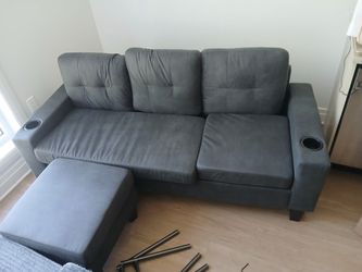 Gray Fabric Sofa with Ottoman and Cup Holders
