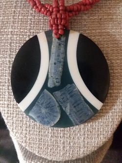 Glass(seed bead), wood and semiprecious stone in rosin pendant necklace/statement piece