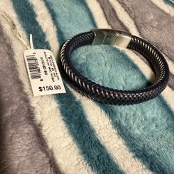 Men’s Stainless Steel And Blue/gray Leather Bracelet 