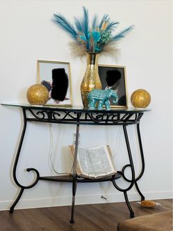 Black Wrought Iron Glass Top Console Table