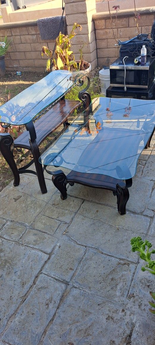 Nice Solid Wood Tables With Iron And Glass Tops. Great Condition