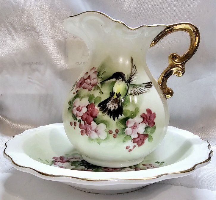 Pitcher and Bowl, Small Lefton Floral w/Hummingbirds