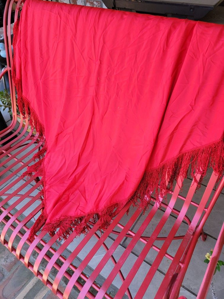 red satin shawl with tassels