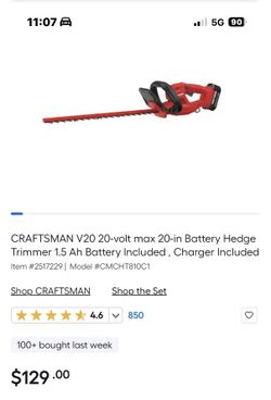 CRAFTSMAN V20 20-volt max 20-in Battery Hedge Trimmer 1.5 Ah Battery Included , Charger Included