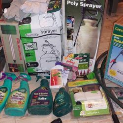 Sprayers, water timers, (safe) insecticide, hose reel, misc. items