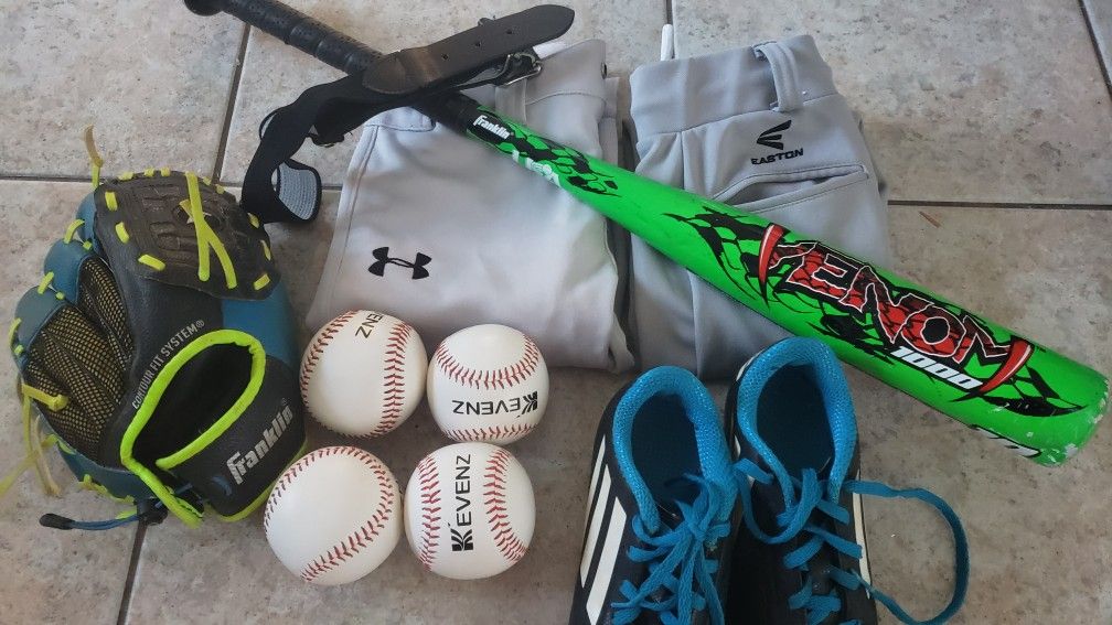 Baseball set- 2 pants, bat, belt, size 1 cleats, glove and balls