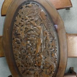 carved Tea Table w/six nesting Stools and glass top.